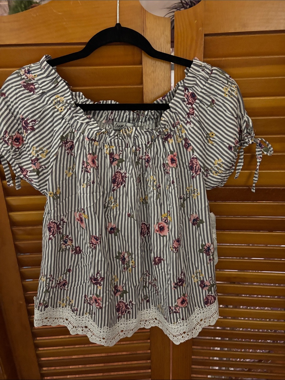 Crave Fame Striped Floral Peasant Blouse in White, Black and Pink